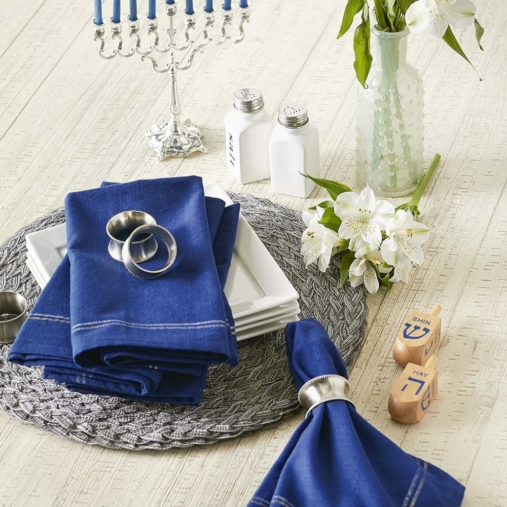 DII Hanukkah Collection 6 Piece Napkin Set Blue with Silver & Gold Trim